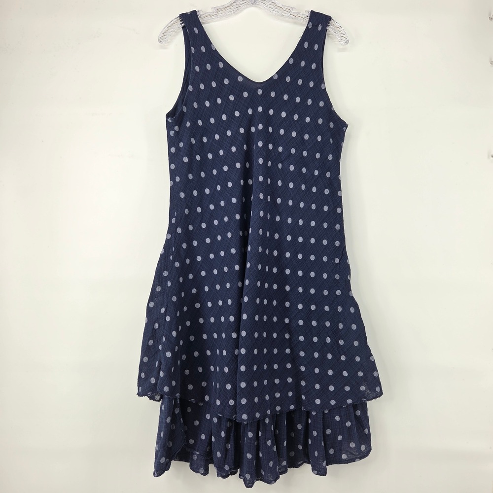 Cherishh Polka Dot Dress M Navy Blue Layered Tiered Cotton Boho Eclectic Summer